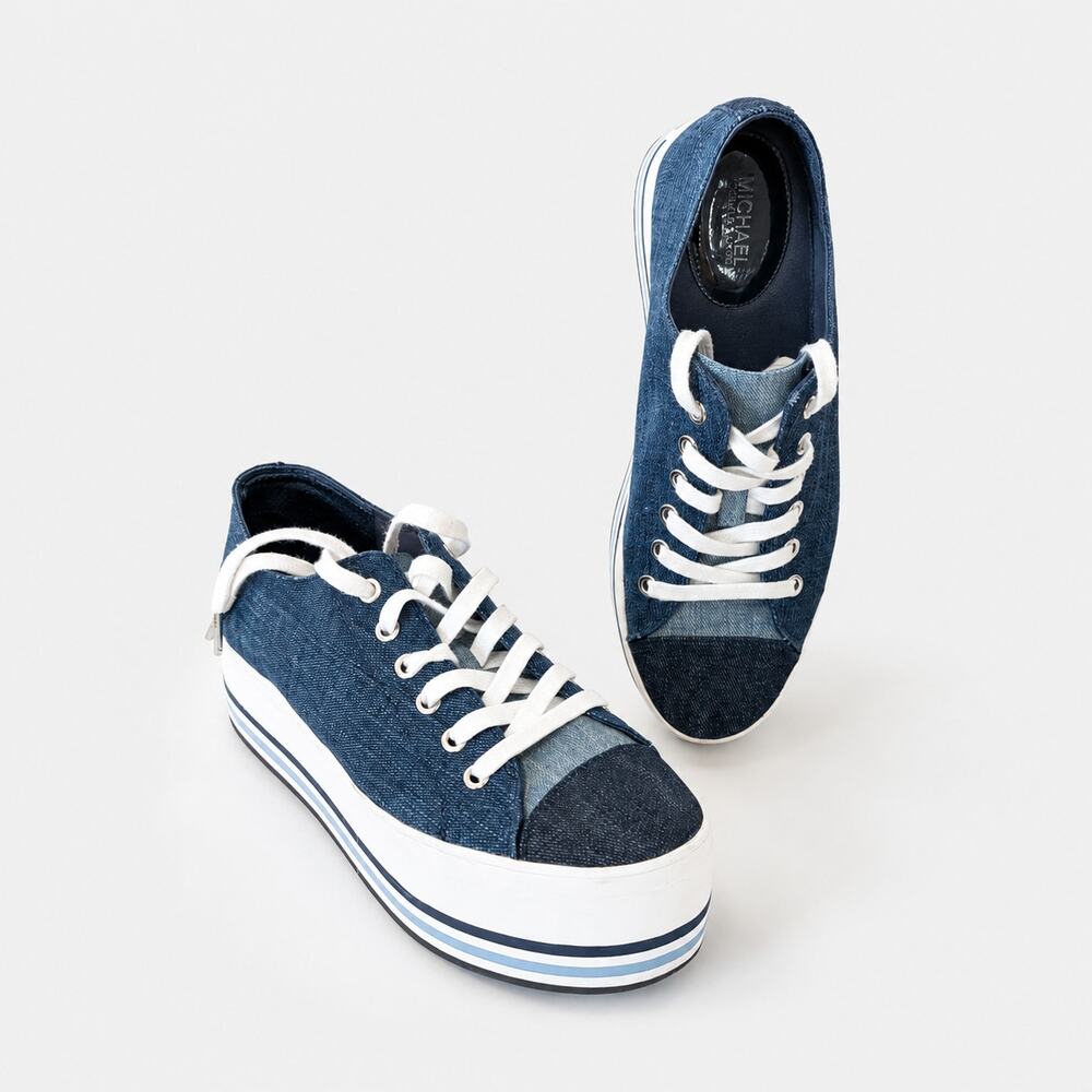 Michael Kors Ronnie Platform Sneaker Womens 9.5M Blue Denim Logo Lace Up Low Top